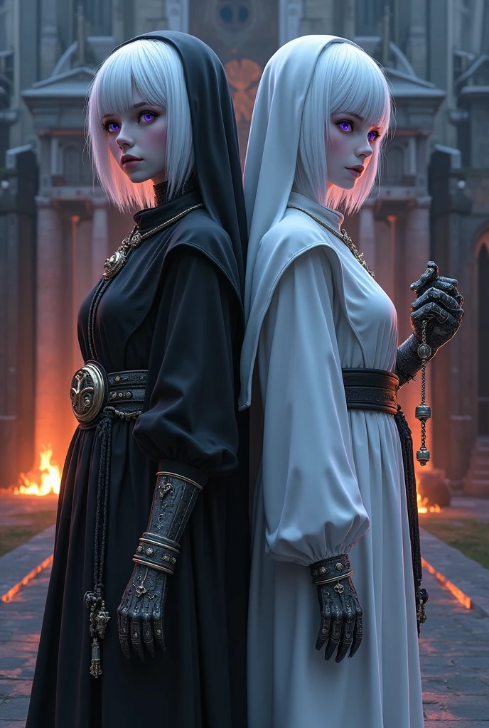 Two albino girls from the Middle Ages standing back to back with violet eyes and white hair, with the one on the left with short hair in dark alchemist clothes and with a steampunk prosthesis with the baphomet symbol on her left hand, and the one on the right in white nun&#39;s clothes holding a rosary,, with a burning church behind, the night.