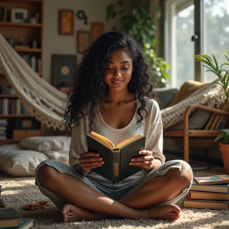 realistic photo of a (pretty girl, 20 years old, brunette, black eyes) seat down at carpet read a book, (full lips) , ((perfect face)), [[mild smile]], proportionate body,mixed herritage, beautyfull, beautyfull face, tanned skin, two arms, two legs, five fingers by hand, full body, (curly black long hair), brunette girl), Casual outfit, Apartament into glass building, reading a book, messy stuff at carpet, hammok, books and collectibles at carpet
