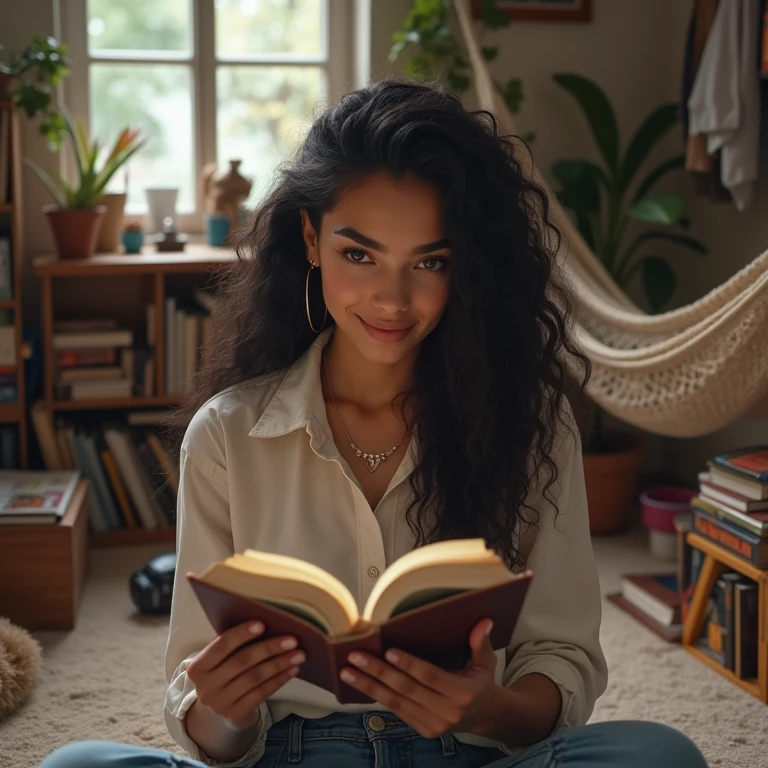 realistic photo of a (pretty girl, 20 years old, brunette, black eyes) seat down at carpet read a book, (full lips) , ((perfect face)), [[mild smile]], proportionate body,mixed herritage, beautyfull, beautyfull face, tanned skin, two arms, two legs, five fingers by hand, full body, (curly black long hair), brunette girl), Casual outfit, Apartament into glass building, reading a book, messy stuff at carpet, hammok, books and collectibles at carpet
