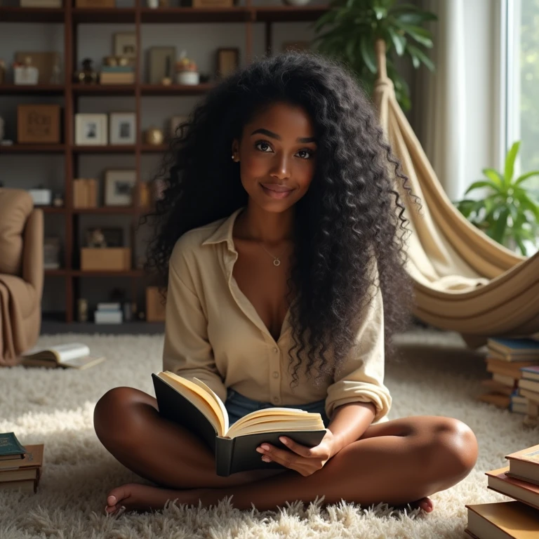 realistic photo of a (pretty girl, 20 years old, brunette, black eyes) seat down at carpet read a book, (full lips) , ((perfect face)), [[mild smile]], proportionate body,mixed herritage, beautyfull, beautyfull face, tanned skin, two arms, two legs, five fingers by hand, full body, (curly black long hair), brunette girl), Casual outfit, Apartament into glass building, reading a book, messy stuff at carpet, hammok, books and collectibles at carpet
