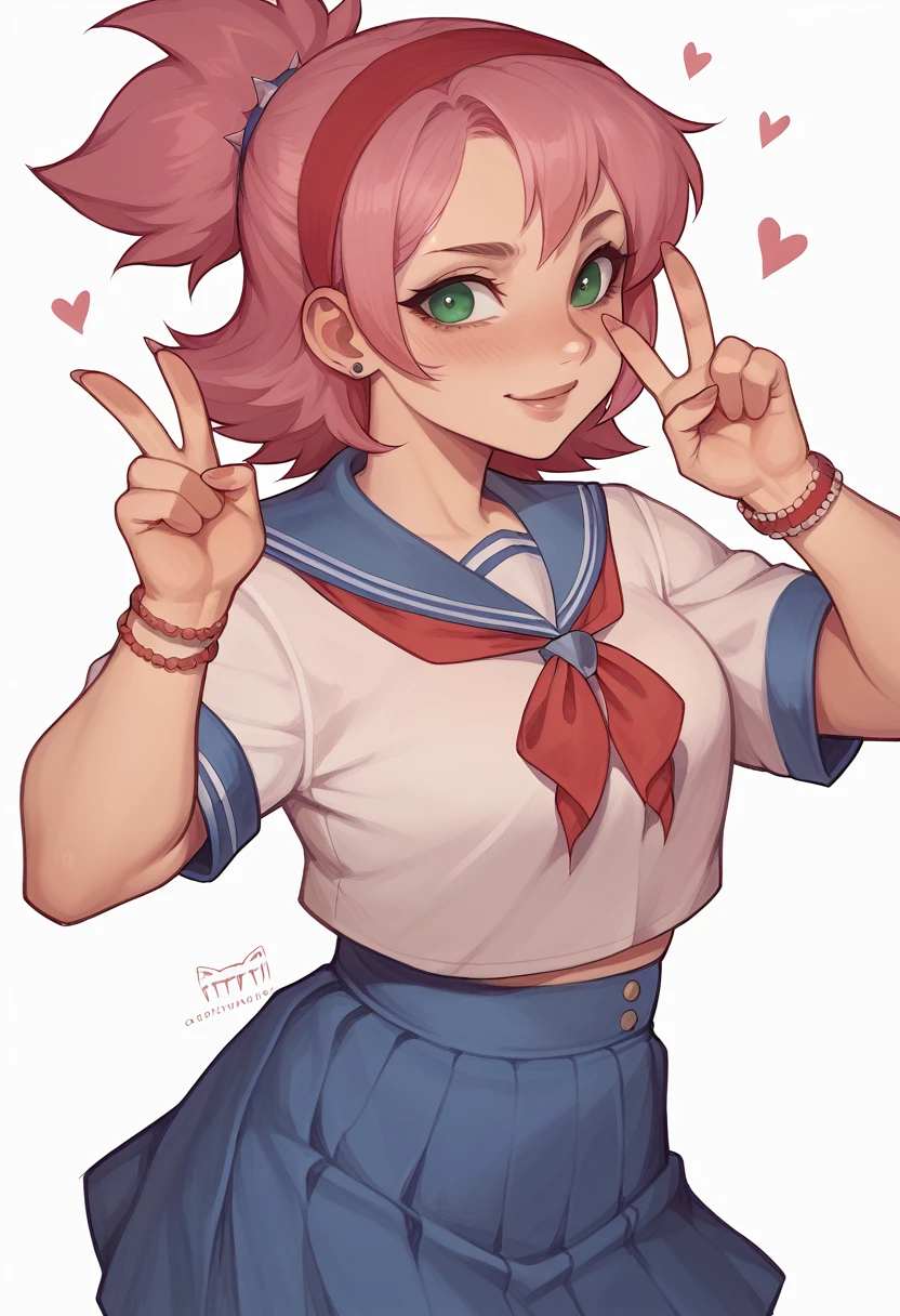 "A cheerful and bubbly age girl with short, spiky pink hair and bright green eyes, wearing a traditional Japanese school uniform with a navy-blue skirt and white blouse. She is standing and looking at the camera with both hands raised in a peace sign. She has a red hairband and wears a small charm bracelet, emphasizing her fun-loving and energetic nature." visual novel character