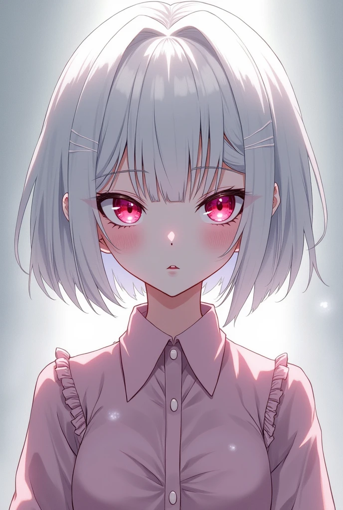 Anime style girl with a mischievous and evil face with short white hair, White eyelashes and completely albino, meaning her whole being is luminous white. Despite her evilness, she wears light pink and elegant clothes. She also has eyes of this same pink color but they still look slanted and mysterious.