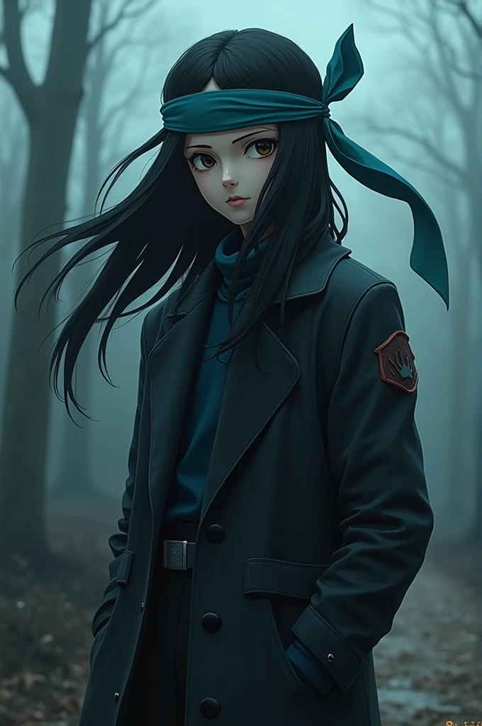 I want a pokemon trainer with black hair and a bandana on his forehead, dark brown eyes, with a dead fish look and a black and cyan outfit