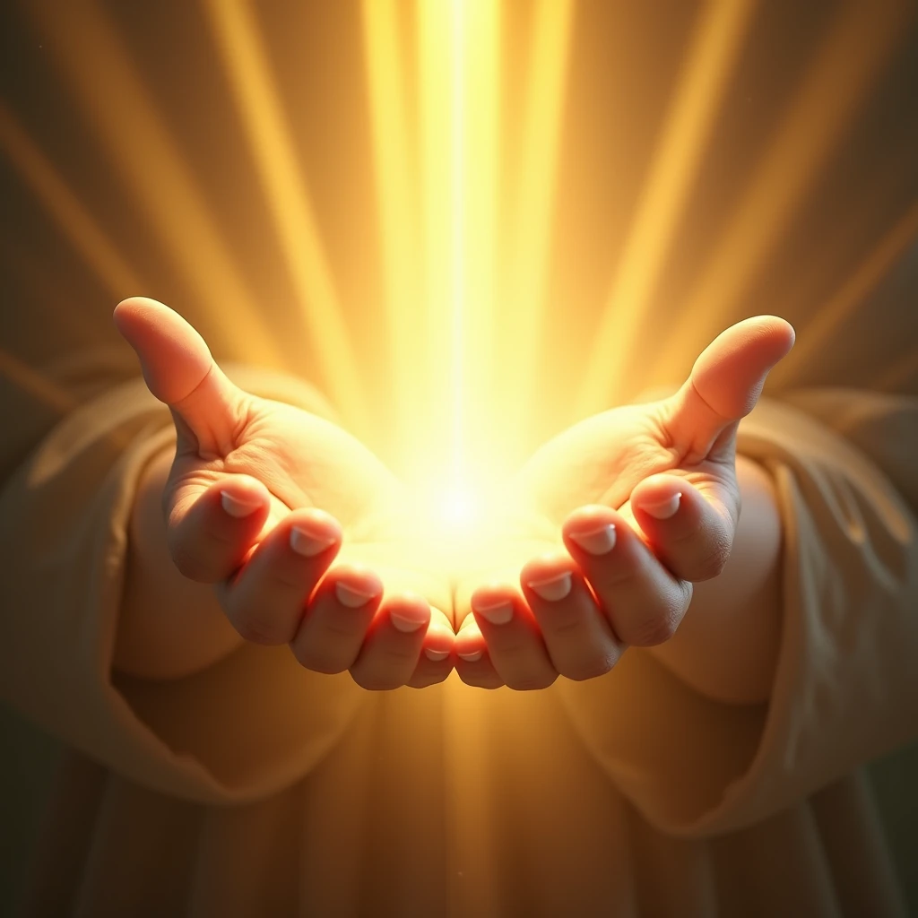 A pair of ultra realistic hands open in a gesture of blessing, with beams of golden lights in all directions. The hands have a soft aura around them to represent spiritual energy, convey depth and lights coming out of the hands
