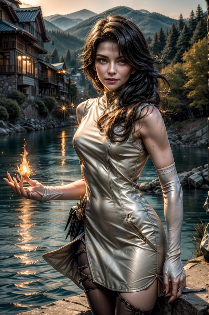 (masterpiece, best quality:1.2), cowboy shot, solo, 1girl, cinder fall, evil smile, looking at viewer, long hair, white dress, sleeveless jacket, elbow gloves, pantyhose, outdoors, standing near mansion, wedding reception, on mountainside, overlooking village in valley, river, flame in hand, large crowd in military uniforms, tables (volumetric lighting), sharp focus, hyper detailed