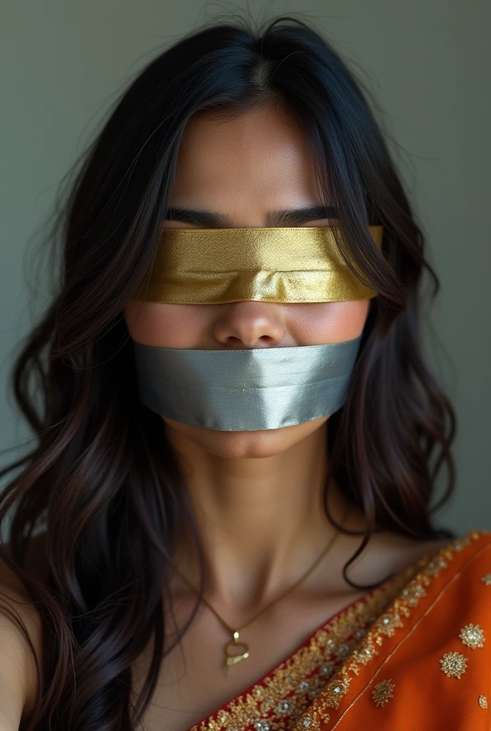 Aesthetic Indian Girl blindfolded Duct tape gagged in shimmering prom saree Taking selfie