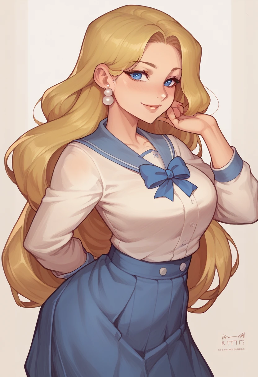 "A mature and elegant teenage girl with long, wavy golden blonde hair and deep blue eyes, wearing a traditional Japanese school uniform with a navy-blue skirt and white blouse. She is standing and looking at the camera with a graceful smile. She has a white ribbon tied in a large bow around her neck and wears pearl earrings, giving her a sophisticated and refined appearance." visual novel character