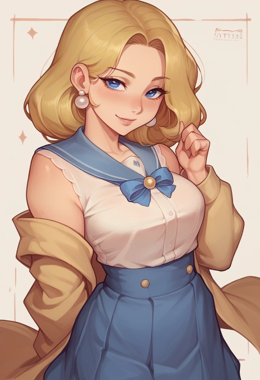 "A mature and elegant teenage girl with long, wavy golden blonde hair and deep blue eyes, wearing a traditional Japanese school uniform with a navy-blue skirt and white blouse. She is standing and looking at the camera with a graceful smile. She has a white ribbon tied in a large bow around her neck and wears pearl earrings, giving her a sophisticated and refined appearance." visual novel character