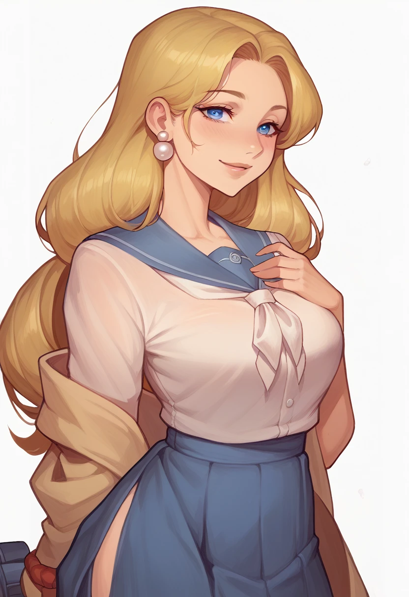 "A mature and elegant teenage girl with long, wavy golden blonde hair and deep blue eyes, wearing a traditional Japanese school uniform with a navy-blue skirt and white blouse. She is standing and looking at the camera with a graceful smile. She has a white ribbon tied in a large bow around her neck and wears pearl earrings, giving her a sophisticated and refined appearance." visual novel character