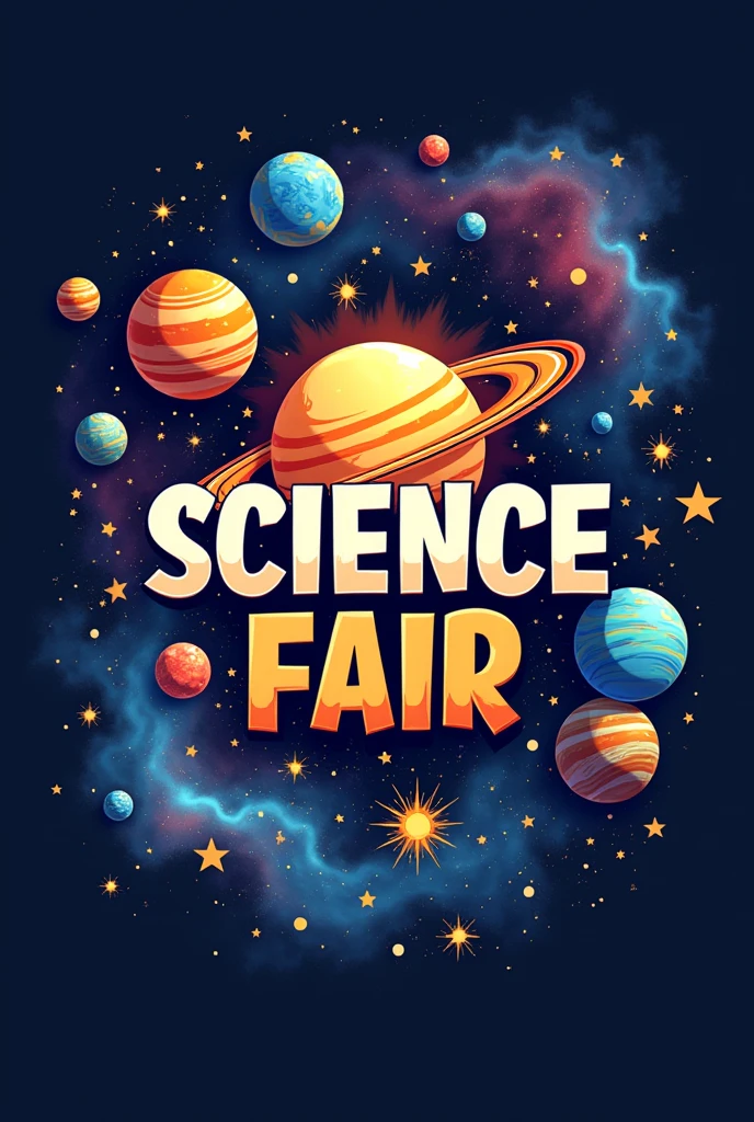 An eighth grade science fair logo about the solar system with science fair written in the middle