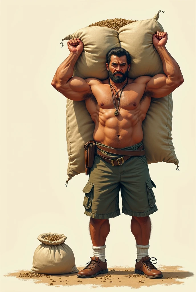 man carrying seed plus bags, He can hardly handle more bags, but he starts working out and gets stronger to carry more bags, stronger and bigger.