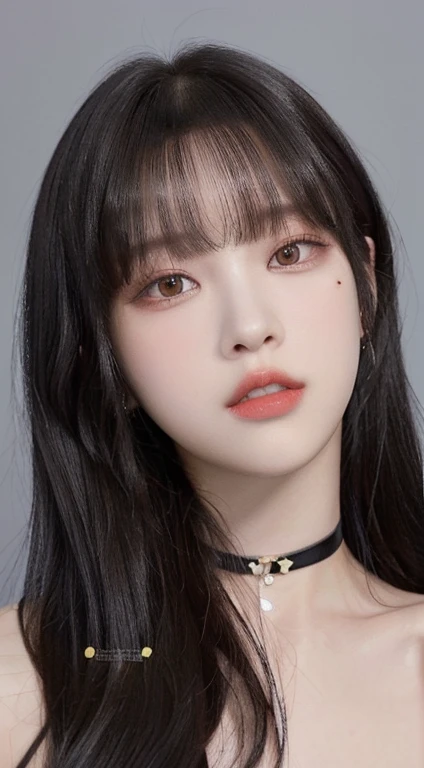 a close-up of a woman with long hair wearing a choker, lalisa manobal, Lalisa Manoban of Blackpink, she has black hair with bangs, portrait of jossi de blackpink, jossi de blackpink, jennie pink black, with bangs completo, with bangs, roseanne park by blackpink, white bangs, black hair and white bangs, cabello with bangs blanco