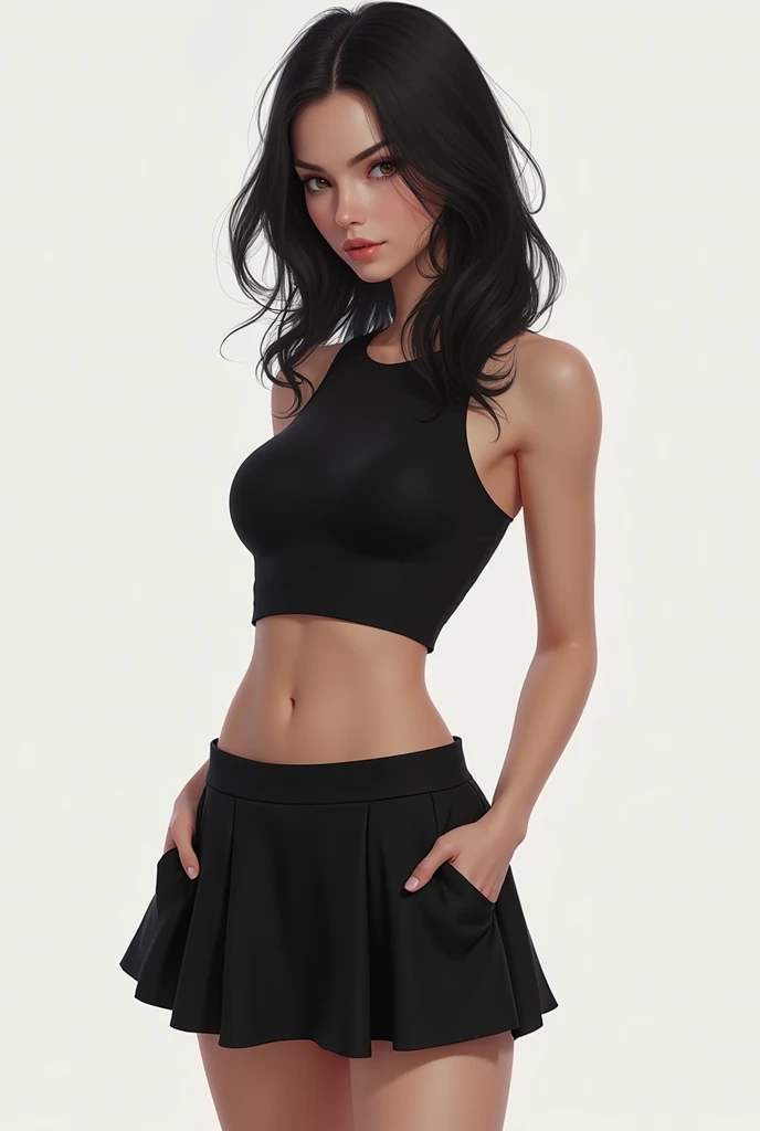 skinny white girl with black hair in a crop top shirt and a mini skirt full body.