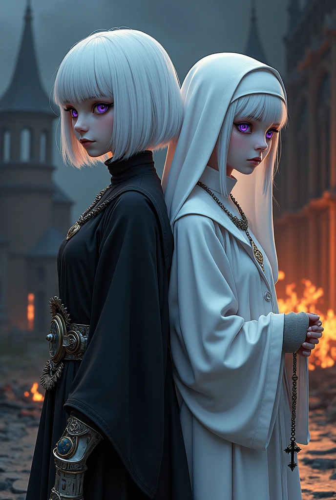Two albino girls from the Middle Ages standing back to back with violet eyes and white hair, with the one on the left with short hair in dark alchemist clothes and with a steampunk prosthesis with the baphomet symbol on her left hand, and the one on the right in white nun&#39;s clothes holding a rosary,, with a burning church behind, the night.