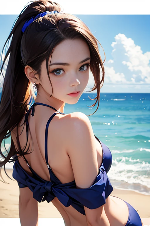 score_9, score_8_superior, score_7_superior, High resolution CG,A masterpiece in 32K resolution,Highest quality,it is really amazing,Very detailed,Ultra-high resolution,Ultra-realistic,Realistic,Increased depth of field,Cinematic lighting,
Sexy mature Japan woman,
Glossy black hair,Wavy long hair,Showing his forehead,god々Beautiful,Ultra-detailed and beautiful face,Sensual look,Beautiful dark brown, moist eyes,Pitch black eyes,Glowing, moisturized skin,Translucent white skin,born々New skin texture,Great proportions,
Black high leg swimsuit,
Bold design,born地の詳細な質感,
Dark cloudy sky at night,Dark clouds filling the sky,Thundercloud,Coastline at night,Golden reflections on the sea surface,delay々A desolate sandy beach that continues,
Beautiful back view,Cinematic Angle,