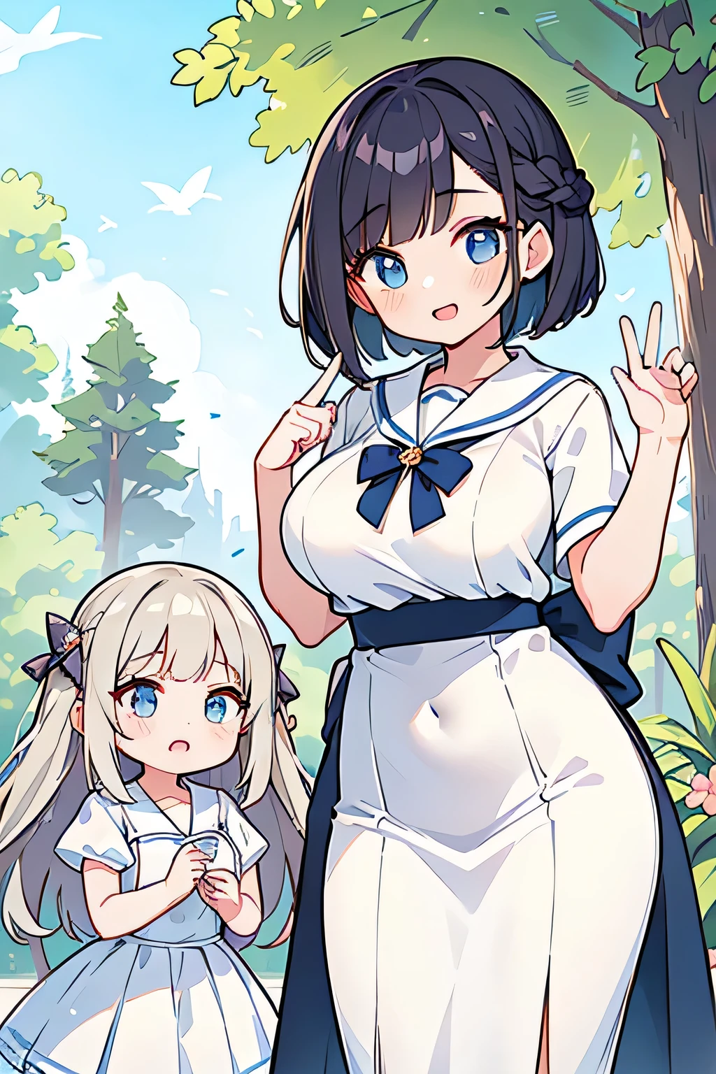 Highest quality、High resolution、Detailed Background、(Beautiful face in every detail:1.4)、Anatomically correct、(Normal number of fingers:1.2)、(Detailed eyes:1.2)、Teenage beauty、Perfect body line、(Huge breasts:1.2)、Braided bob cut、White Dress、White sailor collar、Mermaid Skirt、Cute gestures、A big smile、Cowboy Shot、(Two beautiful girls posing as models against the backdrop of nature:1.5)、cute