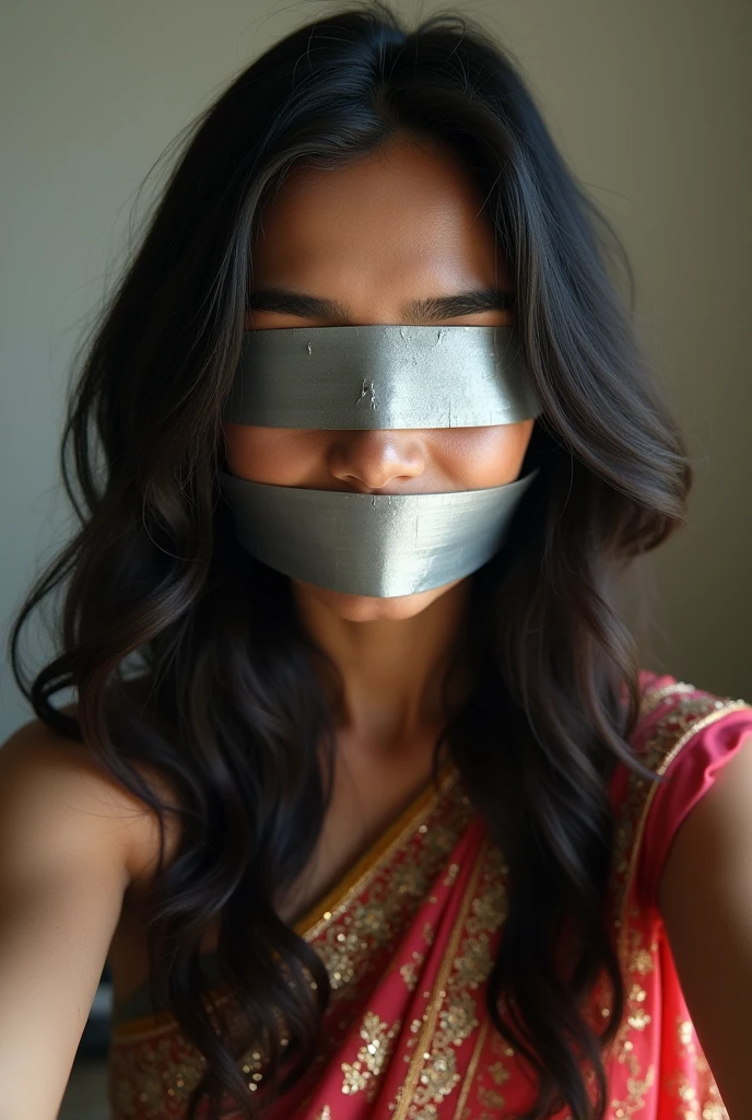 Aesthetic Indian Girl blindfolded Duct tape gagged in shimmering prom saree Taking selfie 