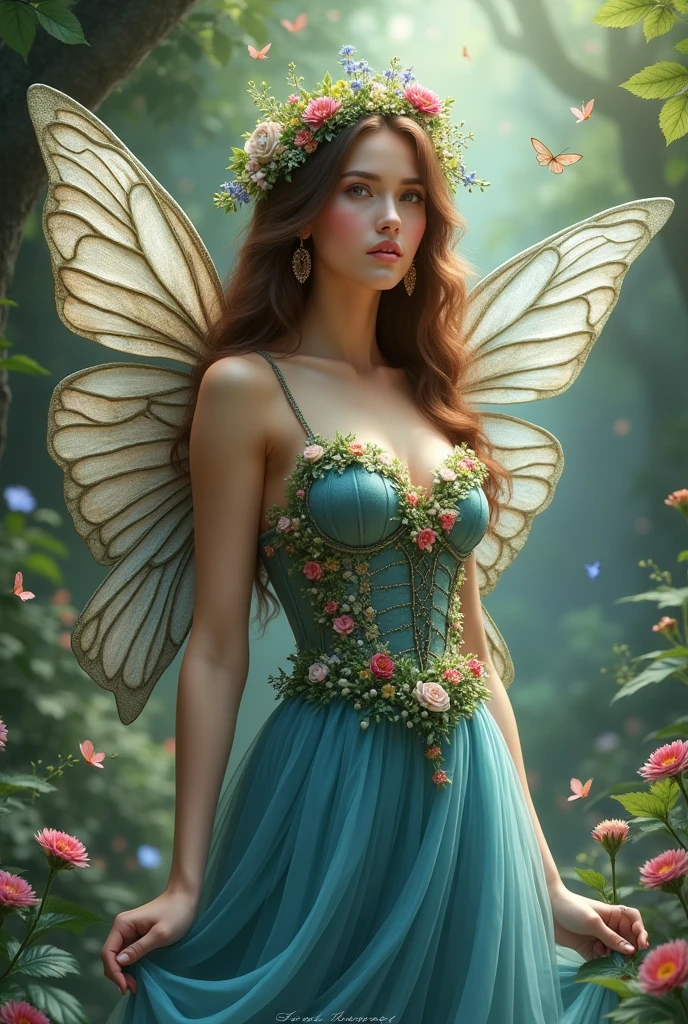 Brown-haired woman with butterfly wings and flowers, crown of flowers and plants, Floral corset and blue flared skirt that simulates a waterfall