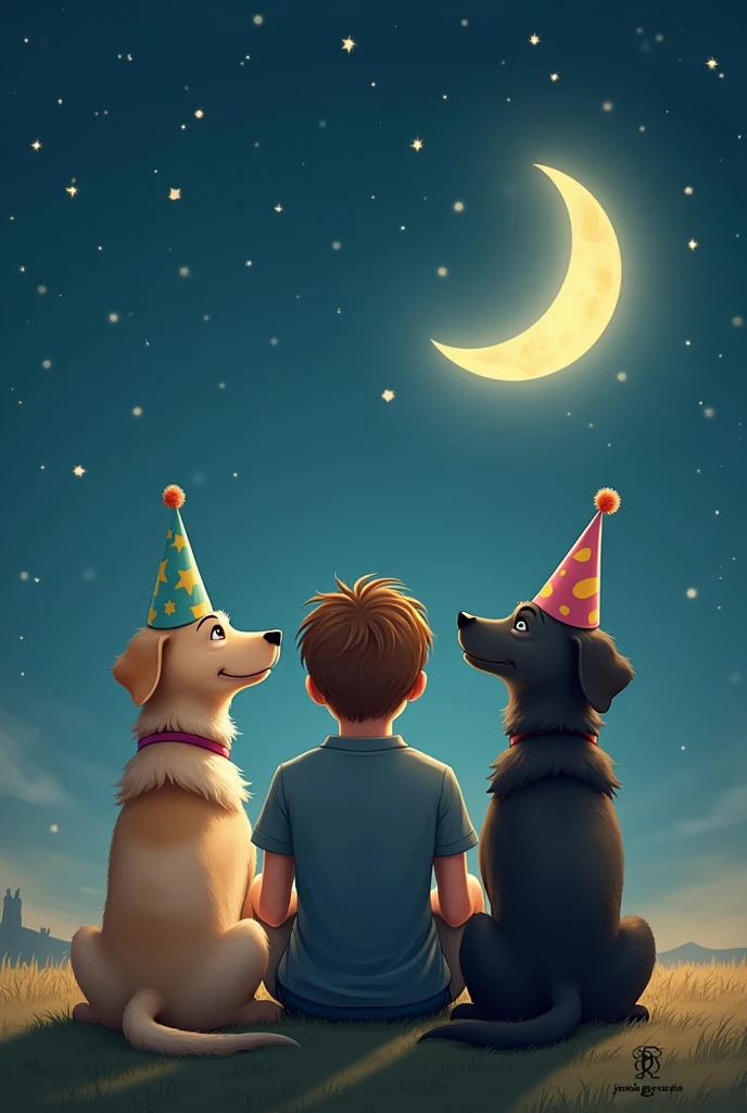 Photo of two dogs back to back looking at the moon together with a young man, the dogs are wearing birthday hats and so is the young man 