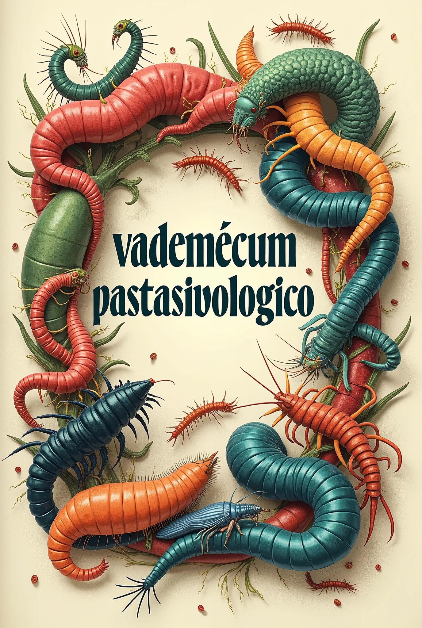 The phrase “VADEMÉCUM PARASITOLOGICO” with parasites around it and between its letters 