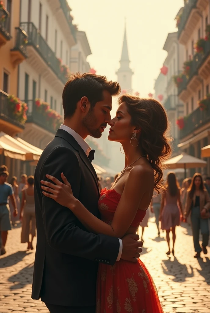 Couple kissing in a square