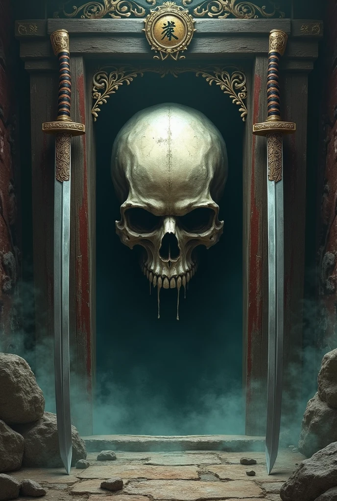 A Samurai skull coming out of a temple with two swords
