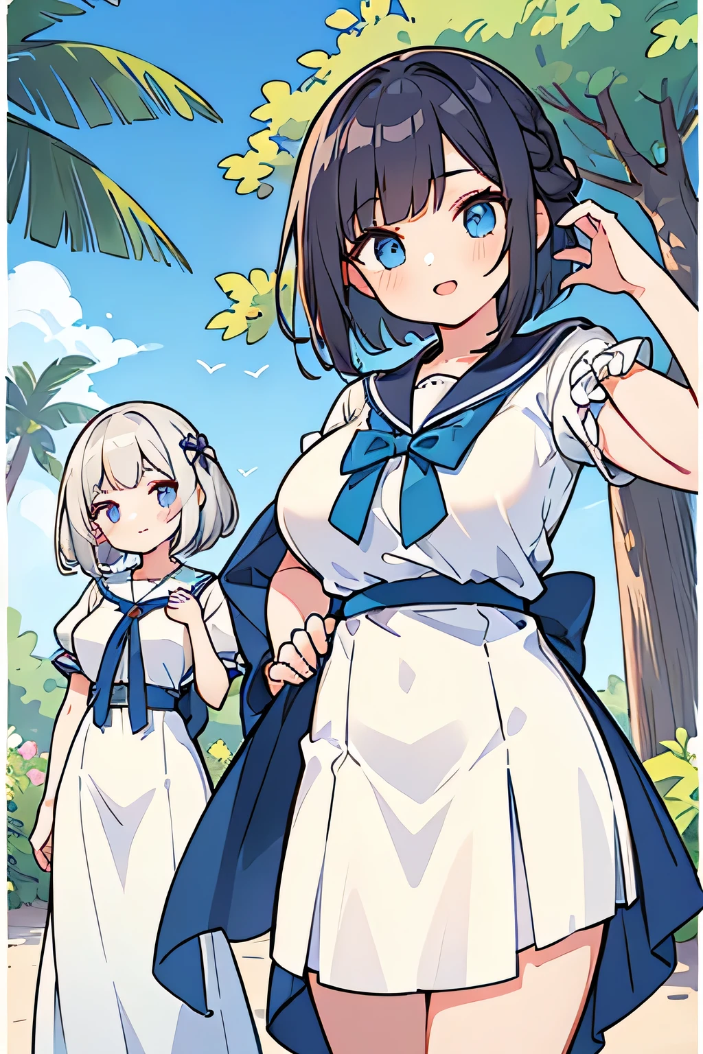 Highest quality、High resolution、Detailed Background、(Beautiful face in every detail:1.4)、Anatomically correct、(Normal number of fingers:1.2)、(Detailed eyes:1.2)、age beauty、Perfect body line、(Huge breasts:1.2)、Braided bob cut、White Dress、White sailor collar、Mermaid Skirt、Cute gestures、A big smile、Cowboy Shot、(Two beautiful girls posing as models against the backdrop of nature:1.5)、cute
