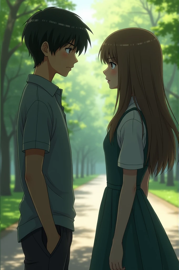 two agers with straight hair,one with a dress, looking at each other from half a meter away without smiling and talking and a park in the background 