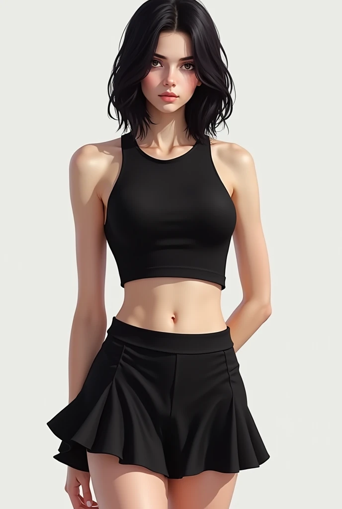 skinny white girl with black hair in a crop top shirt and a mini skirt full body.