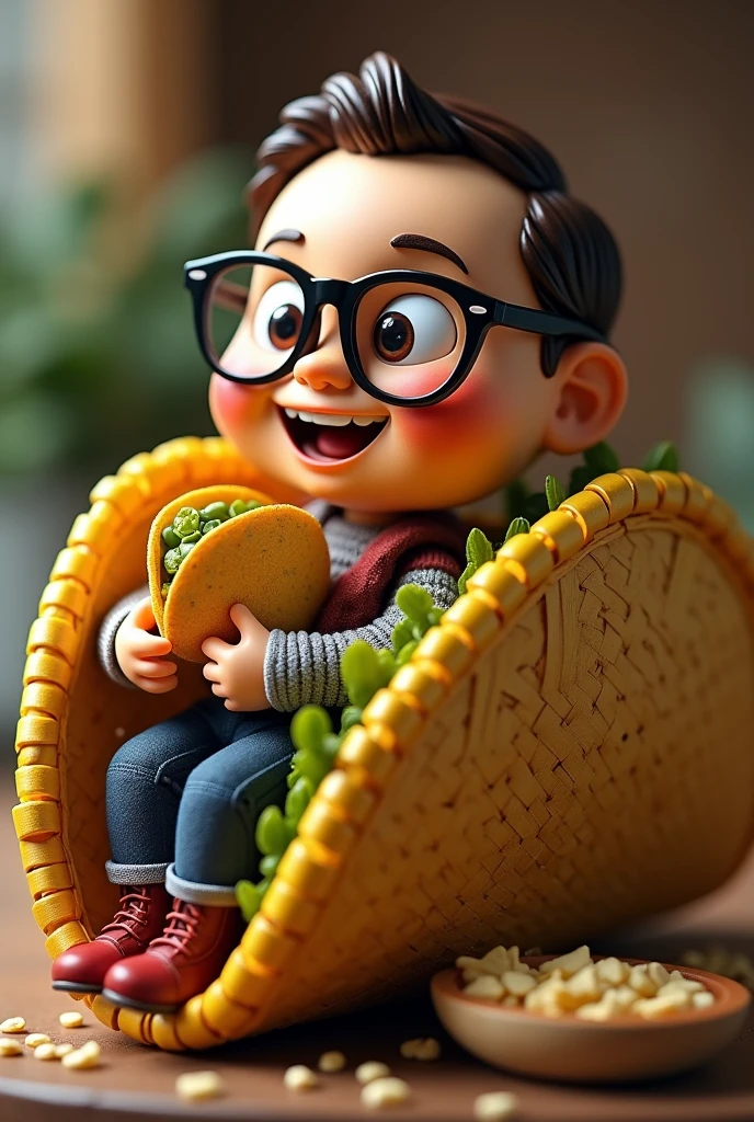 Create an image of a man doll inside a taco basket holding a taco with glasses