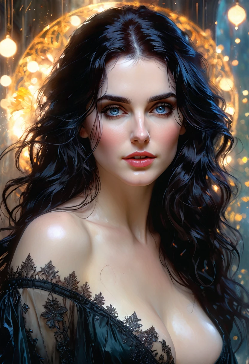 A full figure portrait, beautiful woman yennefer of lust decolletage, long hair, nude, thron, enchanted aura, ray tracing, subsurface scattering, bokeh, gorgeous fantasy scenery, bright day, Painting by Harrison Fisher and WLOP, Artgerm, Alan Lee, expressive eyes, filigrees, (Carne Griffiths 0.6), (Sienkiewicz 0.4) cinematic lighting, highly detailed full body face and clothing. vibrant, wonderful, very stylish, glamorous, appealing, classy, majestic, stunningly beautiful