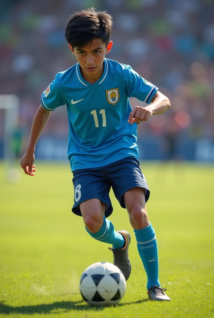 A teenager playing soccer with black hair and skinny with the ball on a field and a blue soccer shirt like Uruguay&#39;s 