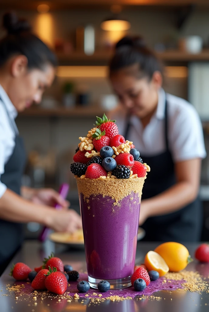 create a realistic team in the kitchen at theikos açaí store preparing açaí cup 18k