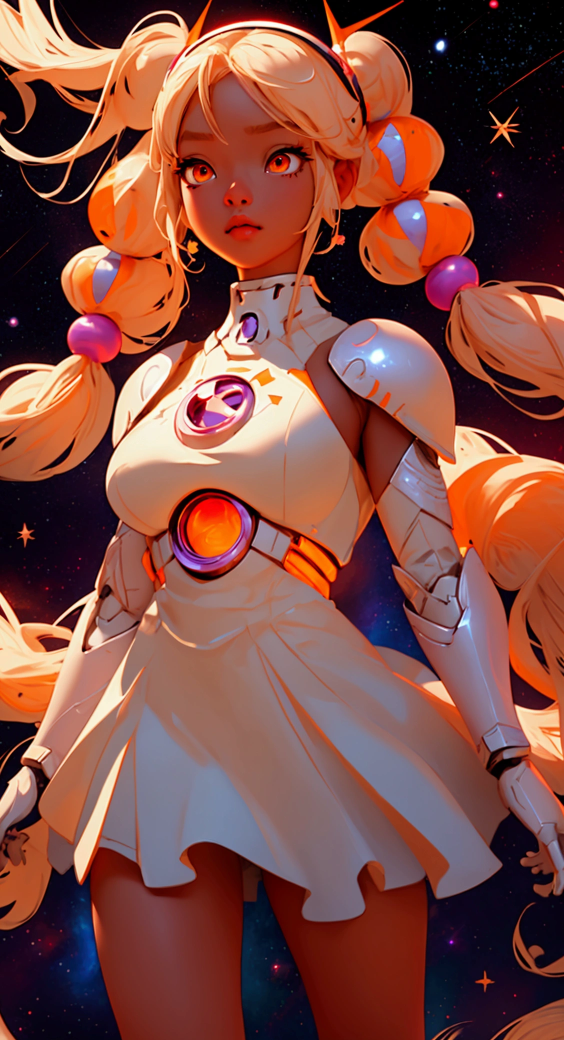 envision a 8k, highres, cinematic, beautiful full body design sheet of a Big tall girl named Sana Tsukumo with long blonde hair in pigtails, tan skin, hair ornaments, orange eyes, wearing a white dress and superhero cosmic armor and a Galactus helmet against a space background with stars