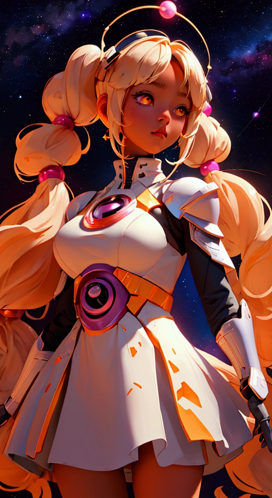 envision a 8k, highres, cinematic, beautiful full body design sheet of a Big tall girl named Sana Tsukumo with long blonde hair in pigtails, tan skin, hair ornaments, orange eyes, wearing a white dress and superhero cosmic armor and a Galactus helmet against a space background with stars