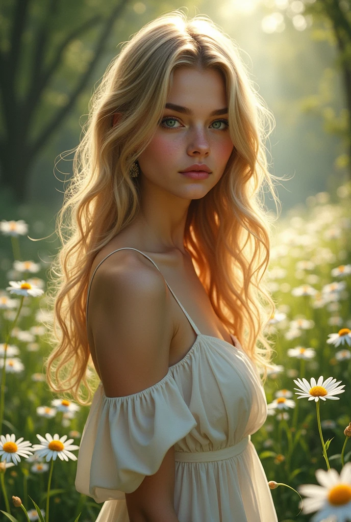 Wavy haired girl in a daisy forest wearing a white dress