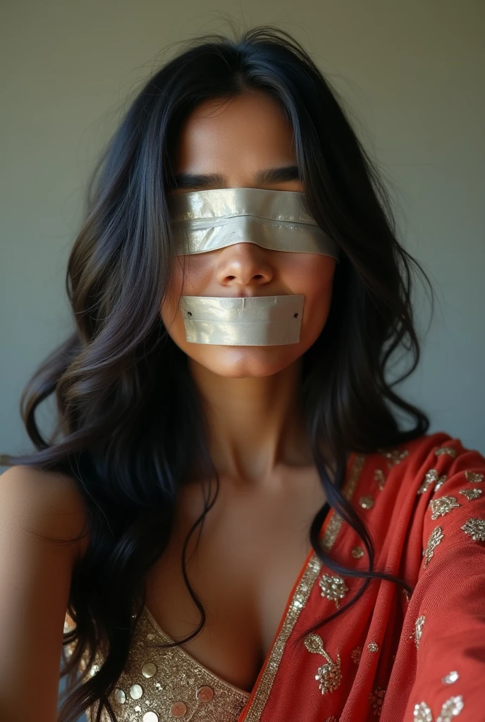 Aesthetic Indian Girl blindfolded Duct tape gagged in shimmering prom saree Taking selfie 