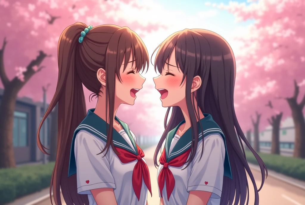 : two 1 beautiful idol girls, dating, laughing merrily, hdr, color grading, real photo, super resolution, super detail, detailed face, no bangs,asian girl in school uniform, in the style of realist: lifelike accuracy, uhd image, mori kei, light silver and dark blue, soft, slight depth of field, cherry blossom street