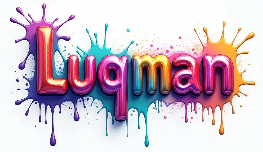 A captivating 4D rendering of the word ''Luqman" in a charming, dripping, metallic style. Each letter is represented in a vibrant color palette with metallic electric neon shades. The dynamic and whimsical movement is accentuated by abstract shapes, splashes and drops of paint in various vivid colors, creating a charming atmosphere. The soft white background contrasts beautifully with the striking colors of the text and its surroundings, showing the exceptional skill of the artist in typography and 4D rendering. This fascinating and unforgettable composition demonstrates the artist's mastery in his craft, perfectly combining typography, 4D rendering and illustration to create a truly one-of-a-kind piece.