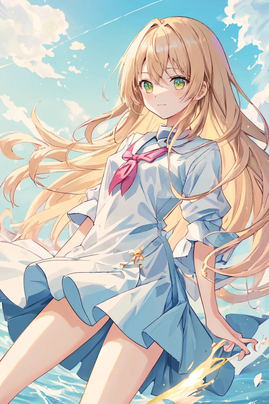 1_girl, (anime, kawai:1.6), (masterpeice, best_quality, clean:1.8), (sky_background:1.2), (cute, wholesome, young:1.4), (delicate, extremely_delicate, beautiful, thin:1.3), (girlfriend, angel:1.5), (green_eyes:1.8) (long_hair, blond_hair:1.6), (wearing_long_pink_dress, pink_angel_wings:1.4), (tease:1.8), (combat:1.8), extremely_delicate, (love_magic:_size_fits_body), (small_thighs:1.3), (eye_level:1.3), (love:1.5), (warm:1.5), (folded_legs:1.3), (cheerful:1.5)