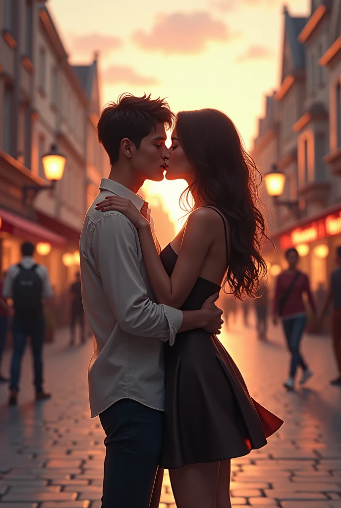 Couple kissing on the mouth in a square