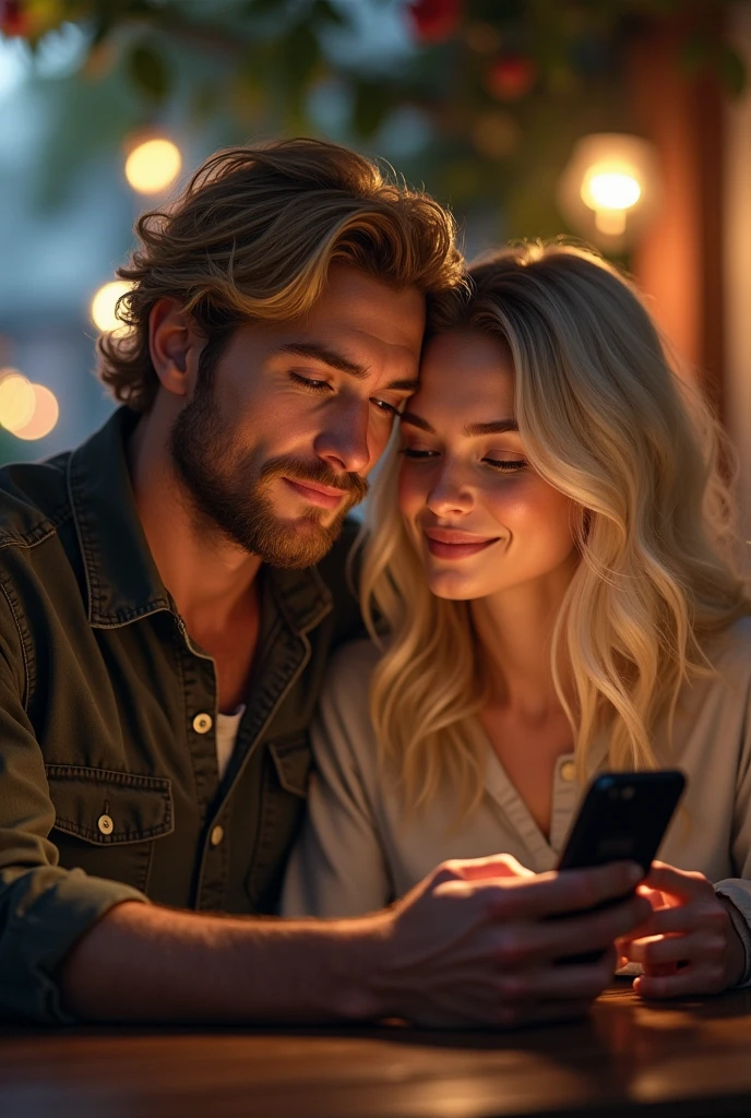 Blonde bearded young man writes a message on the phone to a beautiful blonde girl