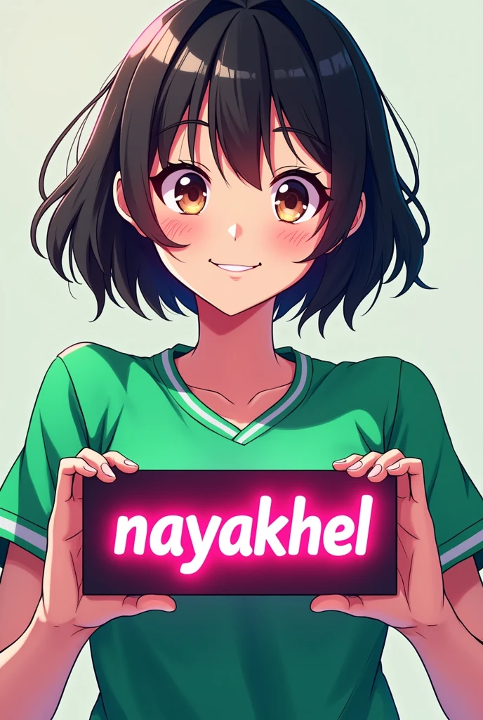 Beautiful amine character girl wearing green sport t-shirt,  holding a neon sign board with text "NAYAKHEL" and showing it to the viewer