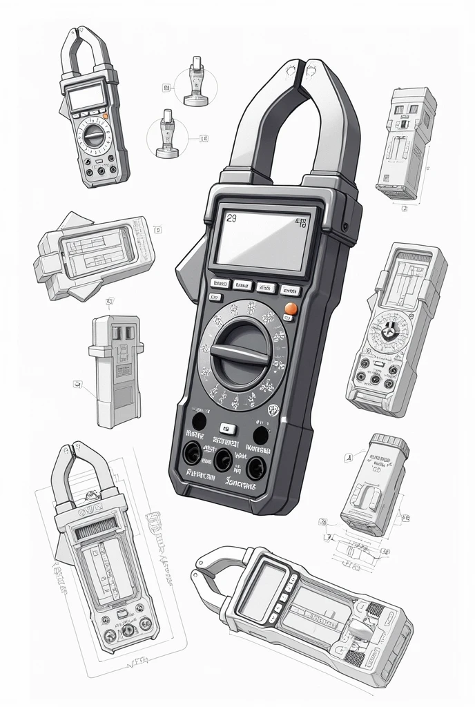 Multimeter with clamps in technical drawing and its parts 