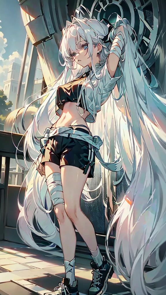 anime style , Hana Hikaru, 1 girl, bee, abundant white hair, long bangs,  two white horns on the head, ((He has big circular glasses)), white beret on head, bandages on the arms and bandages on the forehead, sky blue eyes, She is wearing a grey top and black shorts, black sneakers with slats, serious and worried look