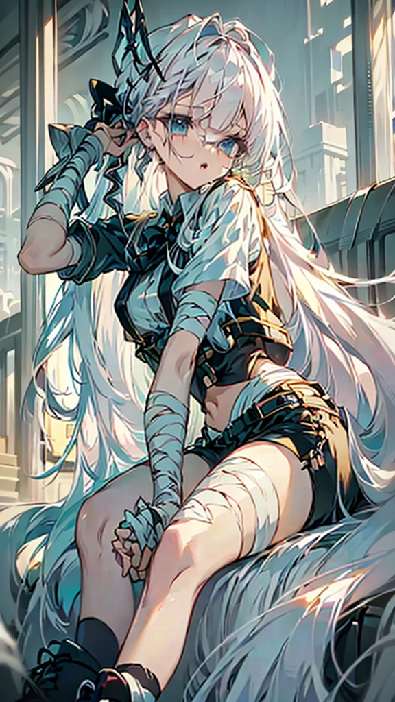 anime style , Hana Hikaru, 1 girl, bee, abundant white hair, long bangs,  two white horns on the head, ((He has big circular glasses)), white beret on head, bandages on the arms and bandages on the forehead, sky blue eyes, She is wearing a grey top and black shorts, black sneakers with slats, serious and worried look