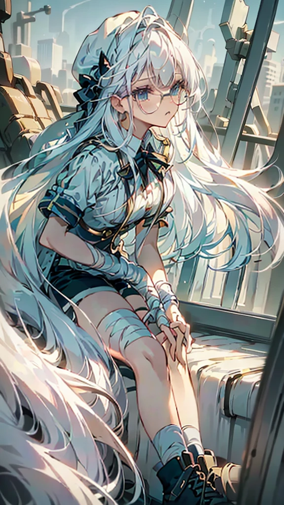 anime style , Hana Hikaru, 1 girl, bee, abundant white hair, long bangs,  two white horns on the head, ((He has big circular glasses)), white beret on head, bandages on the arms and bandages on the forehead, sky blue eyes, She is wearing a grey top and black shorts, black sneakers with slats, serious and worried look