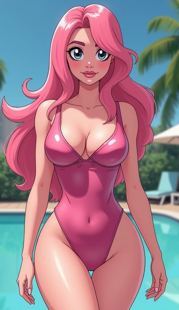 Anime style, source_anime, ((small breasts:1.54)), (1 Girl), ((neon light pink hair: 5.2, long and messy wavy, hair over one eye)))), blue eyes, double eyelids, light effect in the eyes, wide hips, tiny pleated skirt, naughty smile, ((hourglass hot perfect sexy body)), solo, best quality, masterpiece, portrait, flirting with viewer, sensual pose, detailed, perfect anatomy, detailed art, high definition, 4k , high resolution, in pool, ((slingshot bikini)),