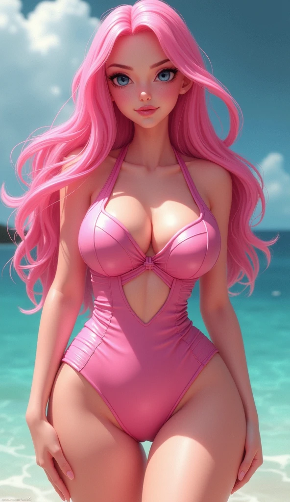 (Masterpiece: 1.5), (Best Quality: 1.5), High Resolution, High Detail, 3DXR, 3DMM,1 Girl, Solo, Skin Highlight, Sharpen, Clear, straight hair, ponytail, multicolored hair, Jewelry, bracelet, earrings, cowboy shot, pale skin, smile, beach, slingshot swimsuits