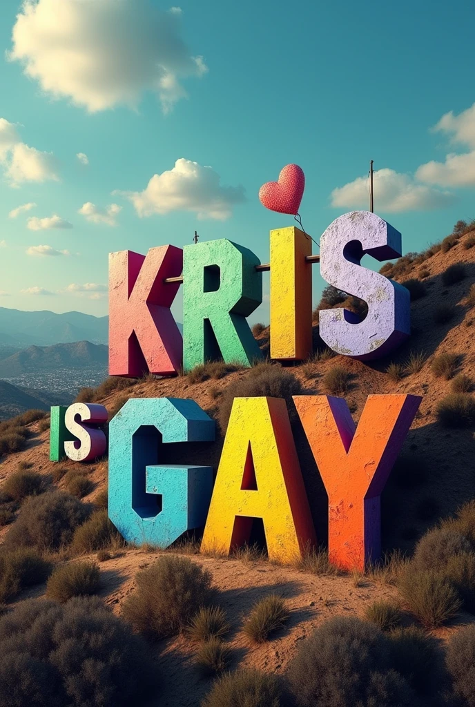 the hollywood sign saying but not with hollywood letters , with "Kris is gay" letters